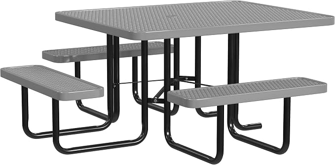 Leisure Craft Metal Picnic Table with Bench - 46" Square Outdoor Dining Table with Umbrella Hole, Heavy Duty Thermoplastic Coating, ADA Compliant, Commercial Grade Furniture Made in USA - Gray