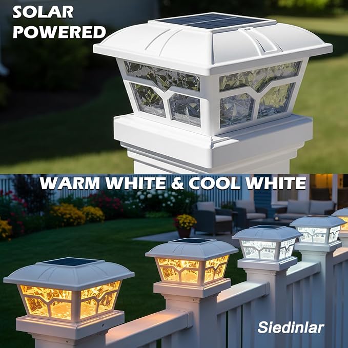 SIEDiNLAR Solar Post Cap Lights Outdoor 2 Color Modes 8 LEDs for 4x4 5x5 6x6 Posts Fence Deck Patio Decoration Warm White & Cool White Lighting White (2 Pack)