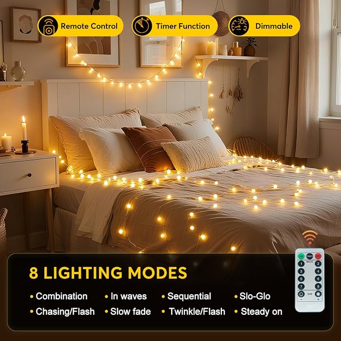 RaThun 65.6ft Globe String Lights with Remote for Indoor Bedroom Warm White | 150 LED Fairy Lights with Timer, 8 Modes, 16ft Extended Lead, Linkable for Bedroom,Dorm,Classroom,Christmas,Indoor Decor
