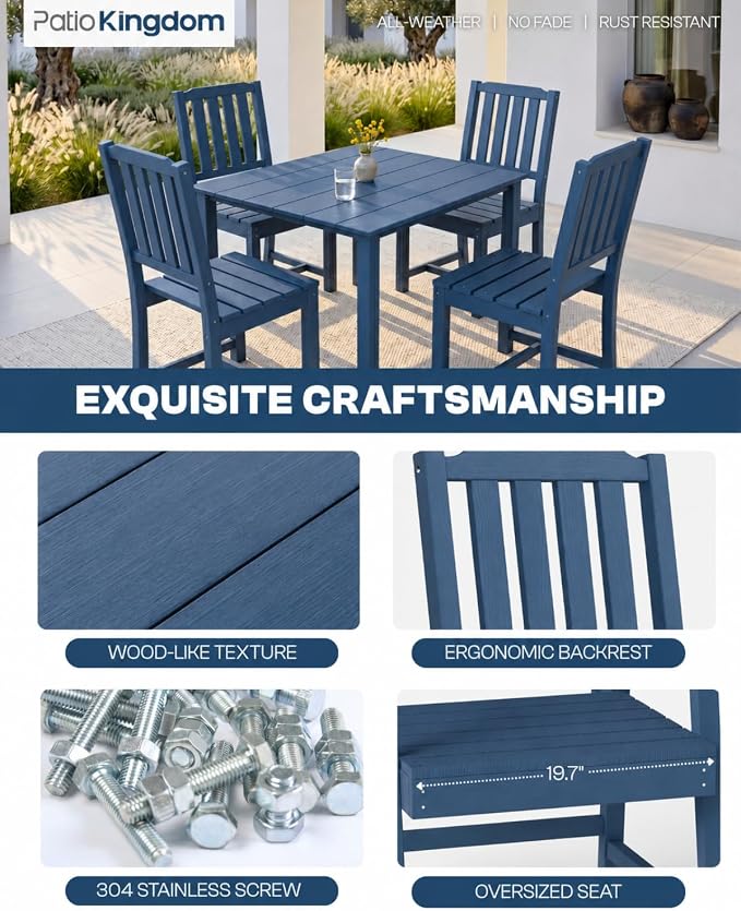 HDPE Outdoor Dining Set for 4, Square Table and Chairs, Navy | All-Weather HDPE, Wood Grain Finish, 42.5" Square Table, Built-In Umbrella Hole, Seats 4, Patio & Poolside Ready