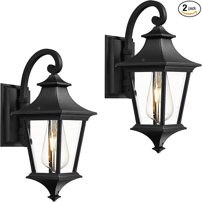 Emliviar Twin Pack 15" Outdoor Porch Light, Farmhouse Exterior Wall Light for Patio, Clear Glass with Black Finish, XE292B-2PK BK
