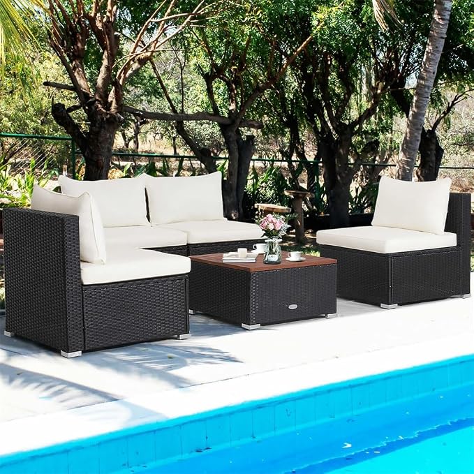 5PCS Patio Rattan Furniture Set Acacia Wood Table Top Sofa Cushion Deck