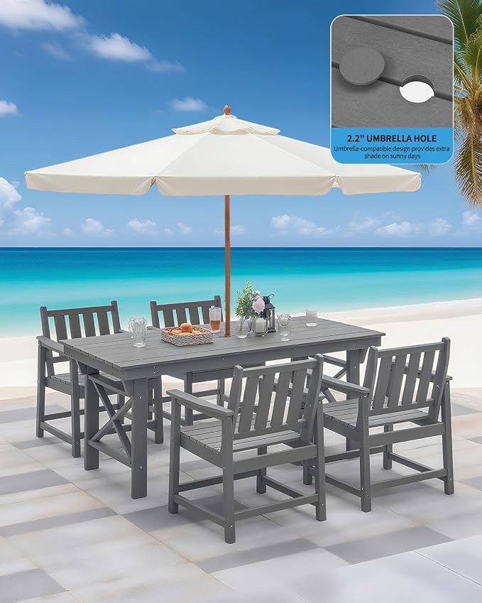 Outdoor Patio Dining Set, 5-Piece Rectangular HDPE Dining Table with Umbrella Hole and 4 Chairs, Modern Patio Furniture Dining Sets for Poolside, Deck and Garden, Gray