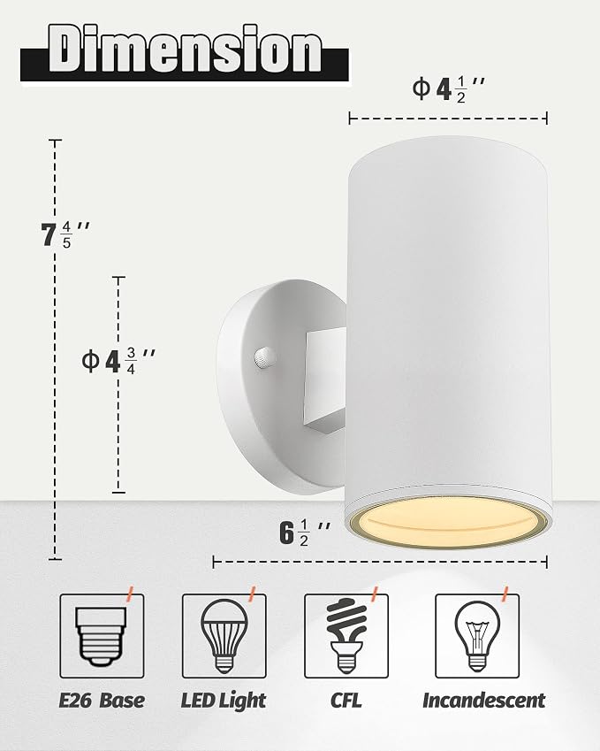 Ken & Ricky Modern Aluminum Outdoor Wall Sconce Lights,Cylinder，White,2 PK | Downward Outside Wall Light With Glass Cover,No Glare Exterior Lighting Fixtures,For House Front Porch Garage Patio Entryway