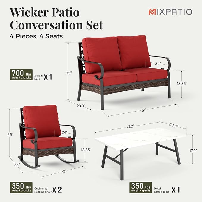 MIXPATIO Patio Furniture Set with Fire Pit Table, 4 PCS Metal Outdoor Conversation Set with 5.75'' Extra Thick Cushion, 2 Rocking Chairs, Loveseat Sofa and Gas Fire Pit Table, Red