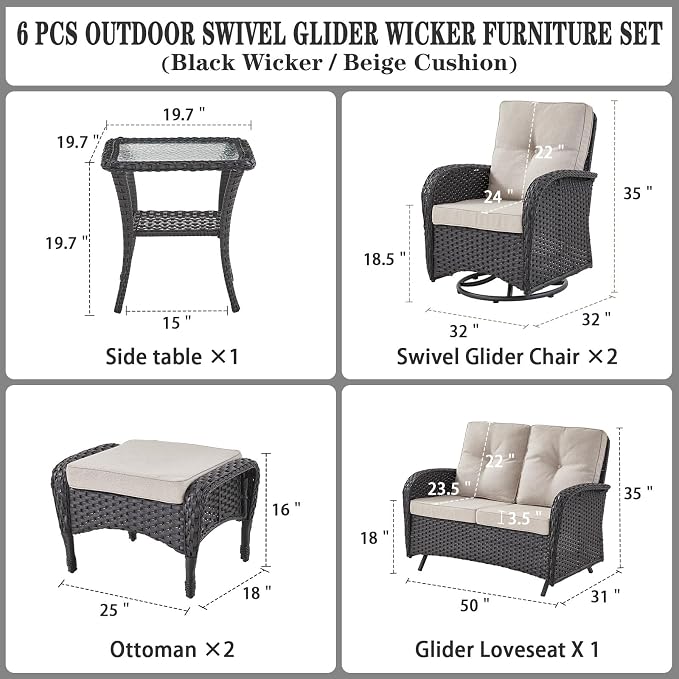 Belord 6 Pieces Wicker Patio Conversation Sets with Outdoor Swivel Rocker Chairs and Loveseat Glider Chair, All-Weather Rattan Furniture Set for Deck Patio Sunroom Backyard Black
