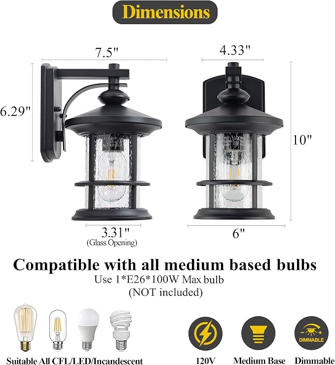 MICSIU 100W Max Modern Industrial Textured Black Outdoor Wall Light 1 Pack | 10 Inch Metal Round Exterior Wall Sconce Lighting, Clear Seedy Glass Porch Light for Entryway, Garage, Front Door