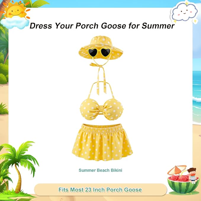 Summer Bikini Porch Goose Outfits – Yellow Swimsuit Goose Clothes with Sun Hat & Heart Sunglass, Cute Patio Lawn Garden Decor for 23 Inch Lawn Goose