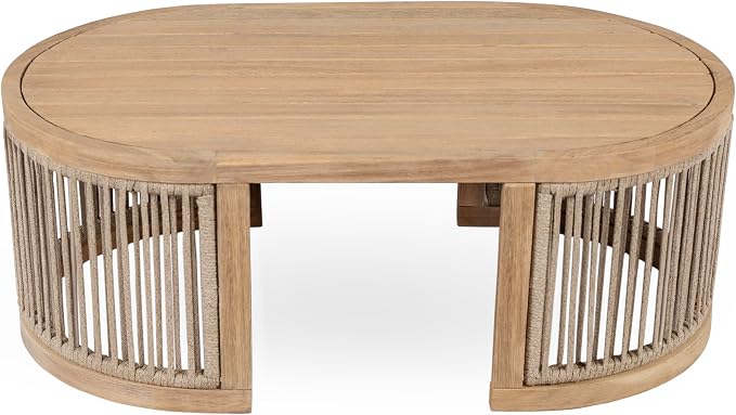 Christopher Knight Home Buekaz Outdoor Acacia Wood Coffee Table with Woven Rope Accents, Outdoor Patio Slatted Oval Centerpiece, Boho Chic Garden Sofa Side Accent Table for Modern Decor, Light Teak
