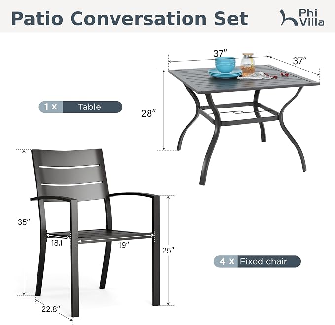 PHI VILLA Patio Dining Set for 4, Stackable Chairs& Square Metal Table | 37" Black Table&Stackable Wrought Iron Chairs,Outside Furniture Set for Deck, Porch, Backyard