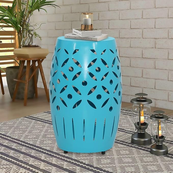 ABBLE Round Patio Outdoor Indoor Lace Cut Steel Side Table, Patio Garden Table, Coffee End Table Nightstand for Small Spaces,Living Room,Front Porch,Poolside, Teal