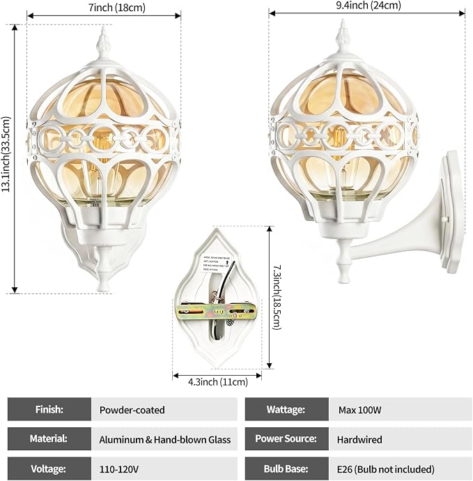 2 Pack White Globe Outdoor Wall Lights, Round Exterior Wall Sconce for Patio, Porch, Entryway, Anti-Rust Aluminum Wall Mount Lighting Fixture, Outside Wall Lantern with Amber Glass & Ornate Cage