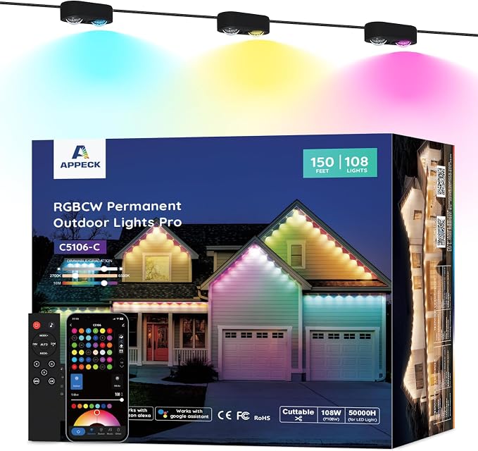 Permanent Outdoor Lights Pro, 150ft with 108 RGBCW Eaves Lights | Dual Lens, 108W, 80lm, Cuttable, IP67 Waterproof Lighting for Daily and Holiday Decor, Compatible with Alexa, Black