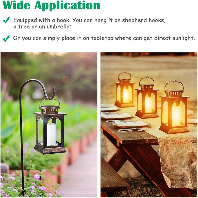 TomCare Flickering Flame Solar Lights Outdoor Metal Hanging Lantern, 2 Pack | Realistic Flame Effect, Charges in 6-8 Hours, 10-12-Hour Runtime, IP65 Waterproof, Auto On/Off for Patio, Garden and Porch