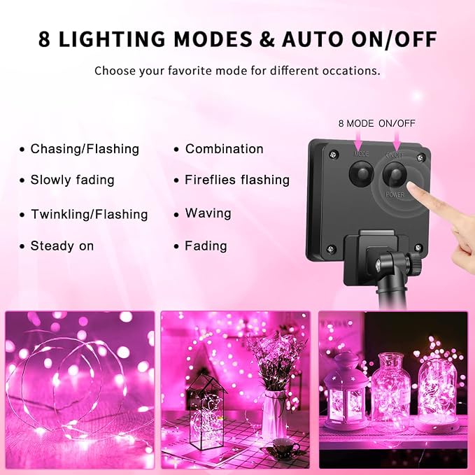 JMEXSUSS 4 Pack Solar Fairy Lights, 33ft 100 LED Pink Solar Lights Outdoor | Outdoor Waterproof, 8 Modes Copper Wire Solar String Lights for Yard Patio Garden Party Wedding Christmas Decorations
