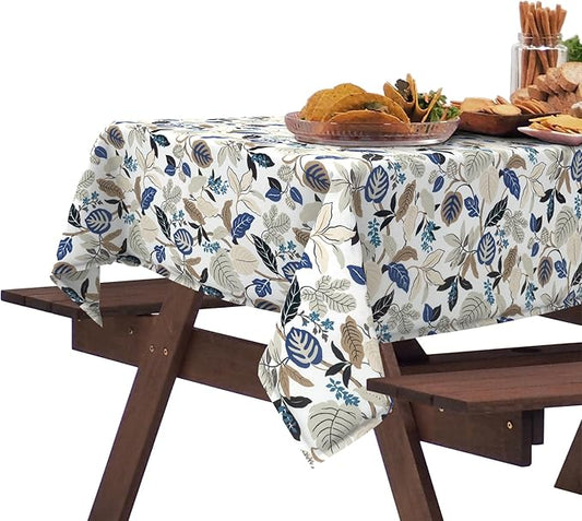 DYTXIII Outdoor Rectangle Tablecloth with Umbrella Hole and Zipper 84" x 60", Water Repellent Floral Picnic Cover, Fade & Wrinkle Resistant Tablecloth for Patio/Garden/Party Table, Leaves Beige