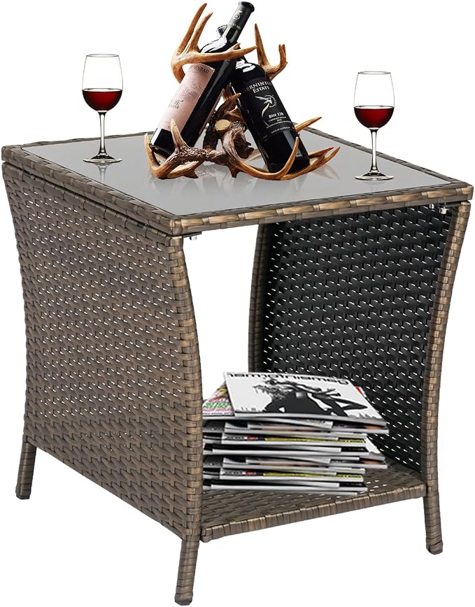 Kinsuite PE Rattan Patio Side Table - Outdoor Wicker End Table with Glass Top, Rattan Coffe Table in Iron Frame for Backyard Balcony Poolside, Dark Blonde