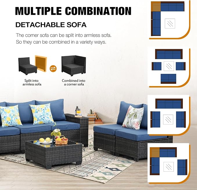 JOYURE 8 Pieces Patio Furniture Set All-Weather Outdoor Wicker Sectional Conversation Sofa Rattan Patio Seating Sofa with Cushion and Glass Table for Porch Poolside,Navy