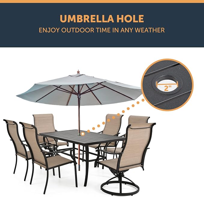 HAPPATIO Patio Dining Table for 6, Metal Steel Slat Patio Dining Table with Umbrella Hole Dia 2", Black Brown (60" x 35" x 28.5")