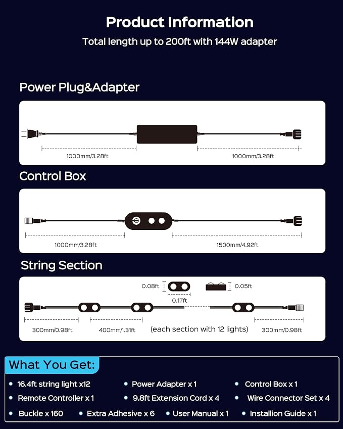APPECK Permanent Outdoor Lights Pro, 200ft with 144 RGBCW Eaves Lights | Dual Lens, 144W, 80lm, Cuttable, IP67 Waterproof Lighting for Daily and Holiday Decor, Compatible with Alexa, Black