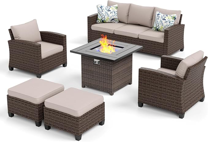 MIXPATIO Patio Furniture Set, 6 Pcs Wicker Rattan Outdoor Conversation Set, 2 x Leg Chairs, 1 x 3 Seater Sofa and 2 x Ottoman with 4" Thick Cushion and 32" Fire Pit Table, Beige