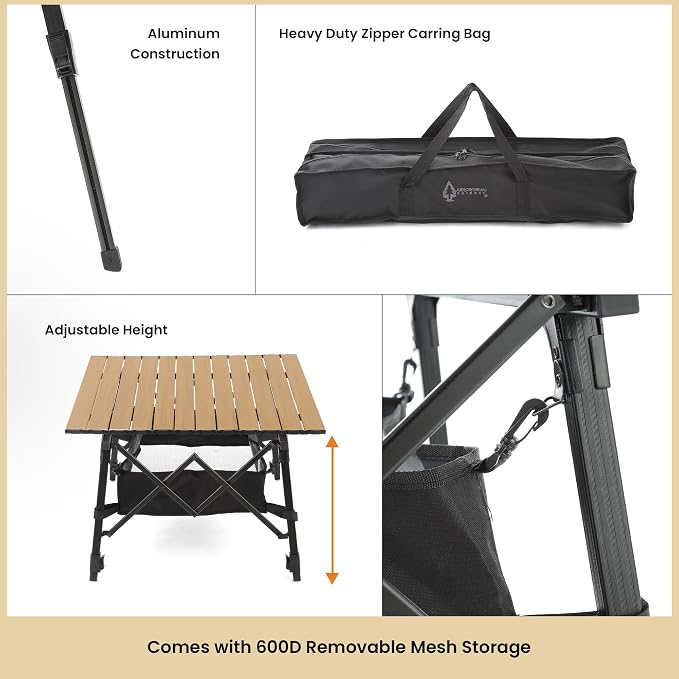 ARROWHEAD OUTDOOR 39" Aluminum Folding Camp Roll Up Table w/Adjustable Height, Undertable Mesh Storage, Carry Bag