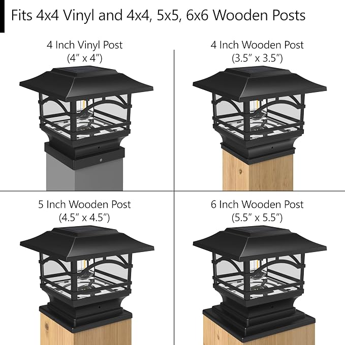 Davinci Edison Solar Outdoor Post Cap Lights, 4x4 5x5 6x6, Metal&Glass, 2PK | Slate Black, fence/deck/garden/patio posts, diecast aluminum & glass, bright 30lm warm white LED, auto-on, 8h, cordless, IP44