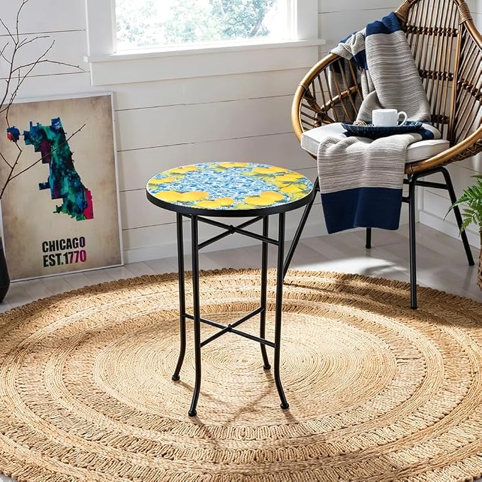 14 Inch Mosaic Patio Side Table with X-Straight Legs, Indoor Outdoor Accent Round End Table with Ceramic Tile Tops for Yard, Garden, Living Room, Bistro, A - Lemon & Blue Tile