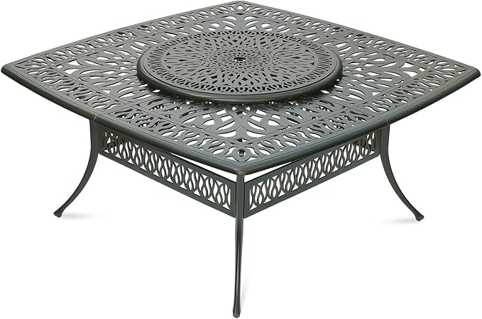 VIVIJASON Outdoor 64" Patio Dining Table for 8 Person, Large Patio Square Dining Table with 35.4" Lazy Susan, Dark Bronze Cast Aluminum Rustic Patio Table W/Umbrella Hole for Balcony, Porch and Deck