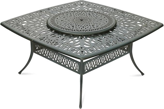 VIVIJASON Outdoor 64" Patio Dining Table for 8 Person, Large Patio Square Dining Table with 35.4" Lazy Susan, Dark Bronze Cast Aluminum Rustic Patio Table W/Umbrella Hole for Balcony, Porch and Deck