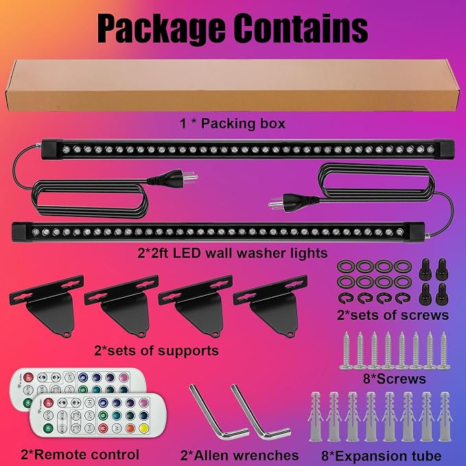 HNRLOY RGB Wall Washer Light with Bar 2Pack, 72W LED RGB Color Changing Landscape Wall Wash Lights, 4FT 120V Dimmable Stage Wash Light Bar for Hotel,Building,Commercial Garden Lighting