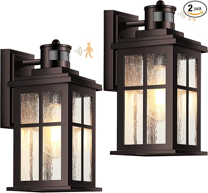 VIANIS Brown Exterior Lighting Fixtures Wall Mount with Motion Sensor, 2 Packs Oil Rubbed Bronze Outdoor Wall Sconce Lantern, 100% Aluminum Dusk to Dawn Outdoor Lighting for House, Garage, Doorway
