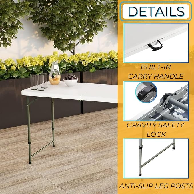 Ezone 4ft Indoor Outdoor Heavy Duty Portable Folding Plastic Dining Table w/Handle, Lock for Picnic, Party, Camping - White (4 Ft)