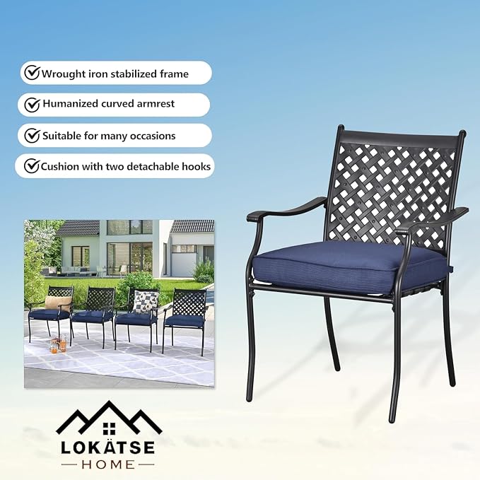 LOKATSE Home 5 PCS Outdoor Patio Dining Set with 4 Armchair with Cushions and 1 Round Table with 2.04" Umbrella Hole for Garden Backyard Poolside