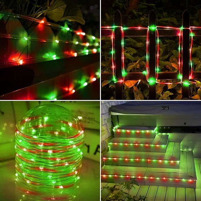 Solar Rope Lights, 2 Pack Total 66ft 200LED Solar String Lights, 8 Modes Waterproof Solar Outdoor Light, Flexible Clear Trampoline Light for Garden Yard Patio Deck Porch Pool Tree Decor - Red & Green
