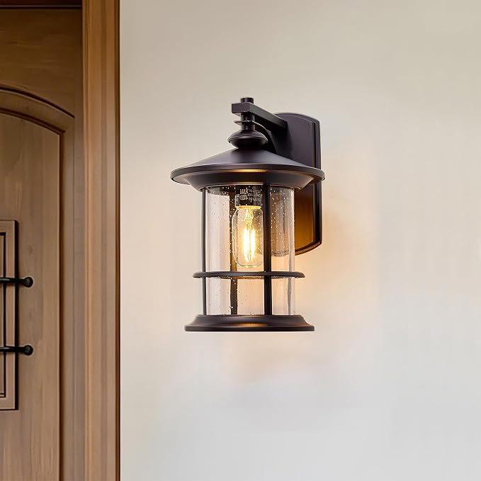 MICSIU 12.5" Height Large Farmhouse Bronze Outdoor Wall Light, Max 100W | 8" Wide Rustic Exterior Fixture with Clear Seedy Glass, Weatherproof Porch Light for Front Door, Garage, Gate, Patio, Deck