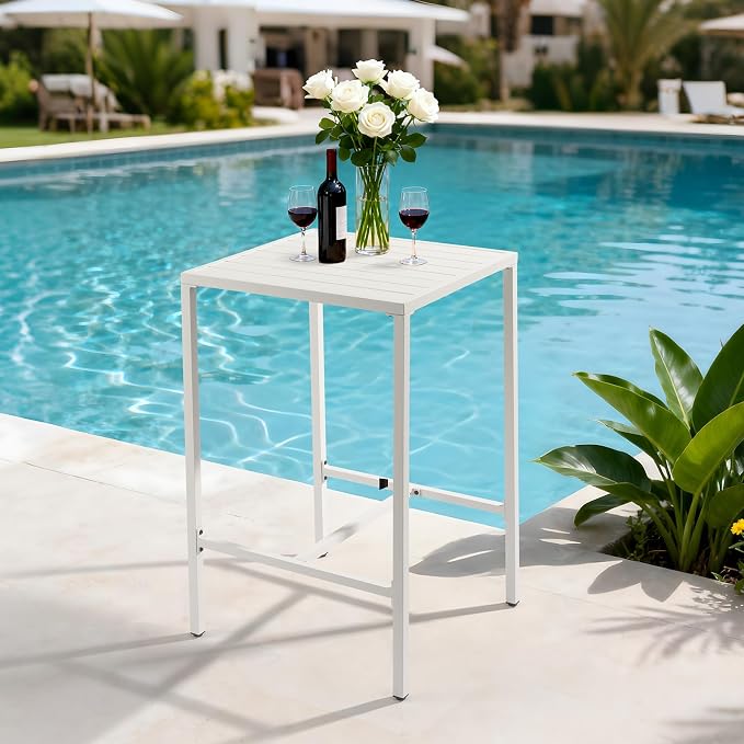 VINGLI 27 Inch Outdoor Bar Table, All-Weather Aluminum Patio Balcony Pub Table for Pool, Blacony, Yard (White)