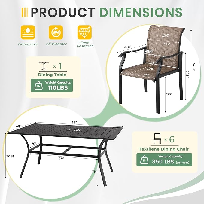 LVUYOYO 7-Piece Outdoor Patio Dining Set, Textilene Dining Chairs & Rectangular Table Set, All-Weather Table and Chairs Set with Umbrella Hole for Backyard, Garden,Balcony,Porch (Brown)