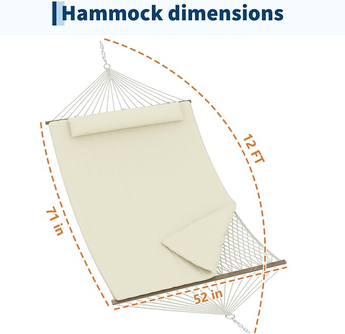 Double Spreader Bar Hammock with Stand, 2-Person, 12ft, 450lbs Capacity | quick-dry, UV-resistant, detachable pad & pillow, side pockets, for patio/backyard/garden/beach, Beige White