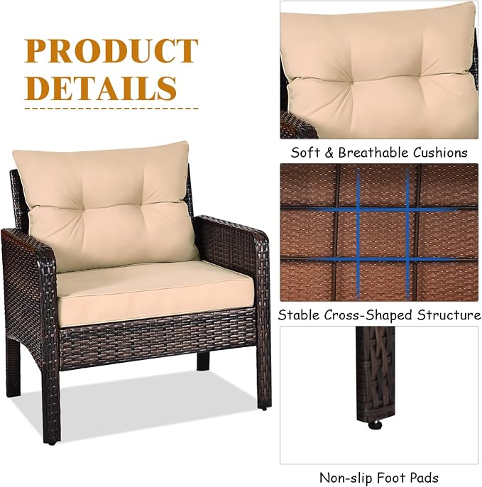 KOTEK 3 Piece Patio Furniture Set, Outdoor Wicker Conversation Bistro Set with 4 Cushions, All Weather PE Rattan Furniture Set for Garden, Backyard, Porch, Poolside (Beige)