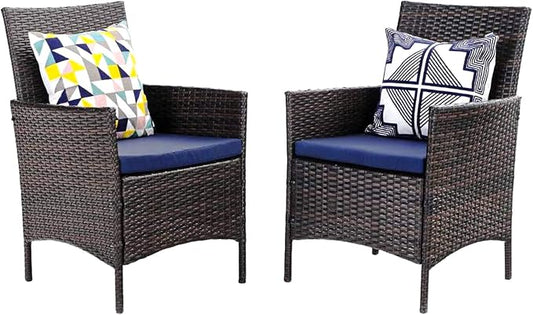 PHI VILLA Wicker Patio Dining Chairs Set of 2 with Removable Cushions | 2 Rattan dining chairs with thick removable seat cushions. Sturdy steel frame, easy assembly.