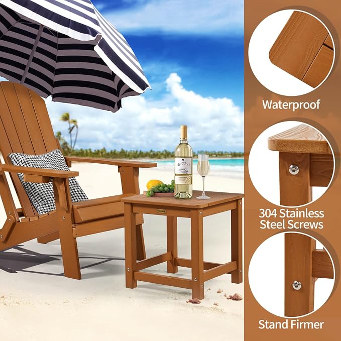 Outdoor Side Table, HIPS Plastic Composite Adirondack Patio Table, Weather Resistant End Tables for Outside, Indoor, Patio, Garden, Pool, Porch, Backyard, Lawn, Deck - Teak
