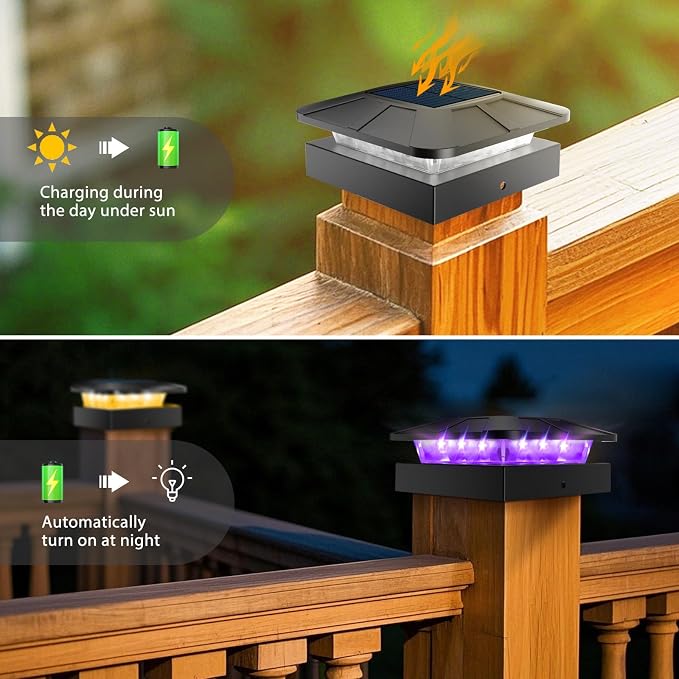 4x4 Solar Post Lights Outdoor, 4 Packs Purple & Warm White LED Fence Caps Light Waterproof, Wood & Vinyl Post Top Lighting for Deck Mailbox Railing Porch Outside
