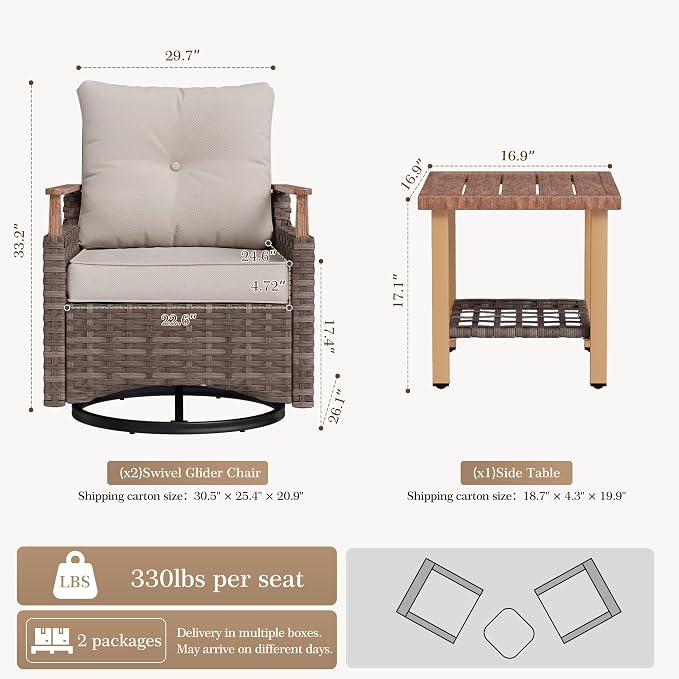 NestNook 3 Pieces Patio Furniture Set, Outdoor Bistro Set, 2 Swivel Glider Chairs with Modern Side Table, All-Weather Handwoven PE Wicker Seating and Thick Cushion for Balcony, Bistro & Porch, Beige