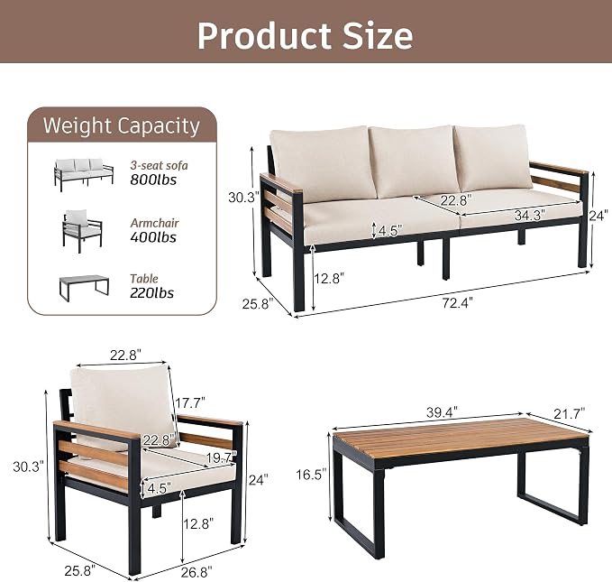 4-Piece Outdoor Furniture Sofa Set for 5 People with Acacia Wood Armrests, Patio Conversation Set with Removable Cushion and Solid Wood Coffee Table for Garden (Beige#46)