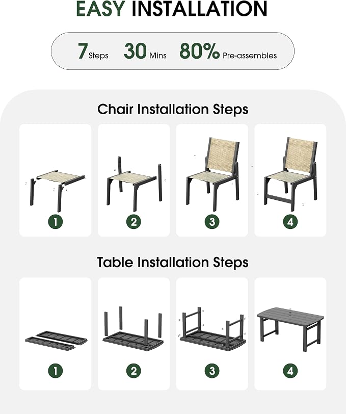 HDPE Outdoor Patio Dining Set with Table & 4 Stackable Armless Textilene Chairs, All-Weather 5-Piece Dining Table Set with Umbrella Hole, Patio Furniture for Garden, Poolside, Backyard, Deck | Grey
