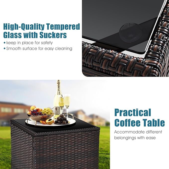 HAPPYGRILL 3 Pieces Patio Conversation Set, Outdoor Furniture Set PE Rattan Sofa Set with Removable Cushions, PE Wicker Chairs with Tempered Glass Side Table for Porch Lawn Garden Balcony Backyard
