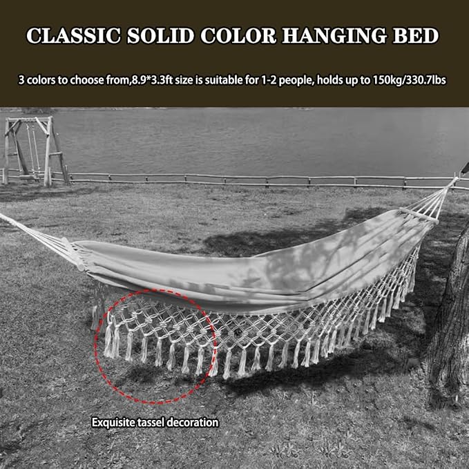 Outdoor Leisure Hammock with Tassels, Garden Anti-Rollover Swing with Storage Bag, for Travel/Camping/Beach, Load Bearing 150kg/330.7lbs(Dark Grey)