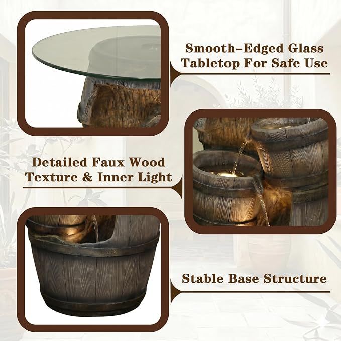 Barrel Side Table with Glass Top & 3-Tier Waterfall – 22.8" Tall Rustic Resin End Table with LED Fountain for Patio, Garden, Living Room, Home Bar