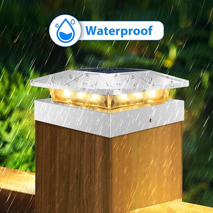 6 Packs 4x4 Post Solar Lights with 3 Modes, Waterproof LED Solar Powered Cap Lights for 4×4/3.5×3.5 Wood/Vinyl Posts, White Post Top Lighting Outdoor for Fence Deck Mailbox Porch Railing